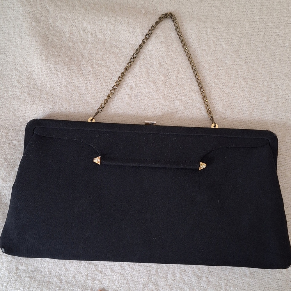 BLACK VINTAGE EVENING PURSE/CLUTCH  WITH GOLD EMBELLISHMENTS AND CRYSTALS